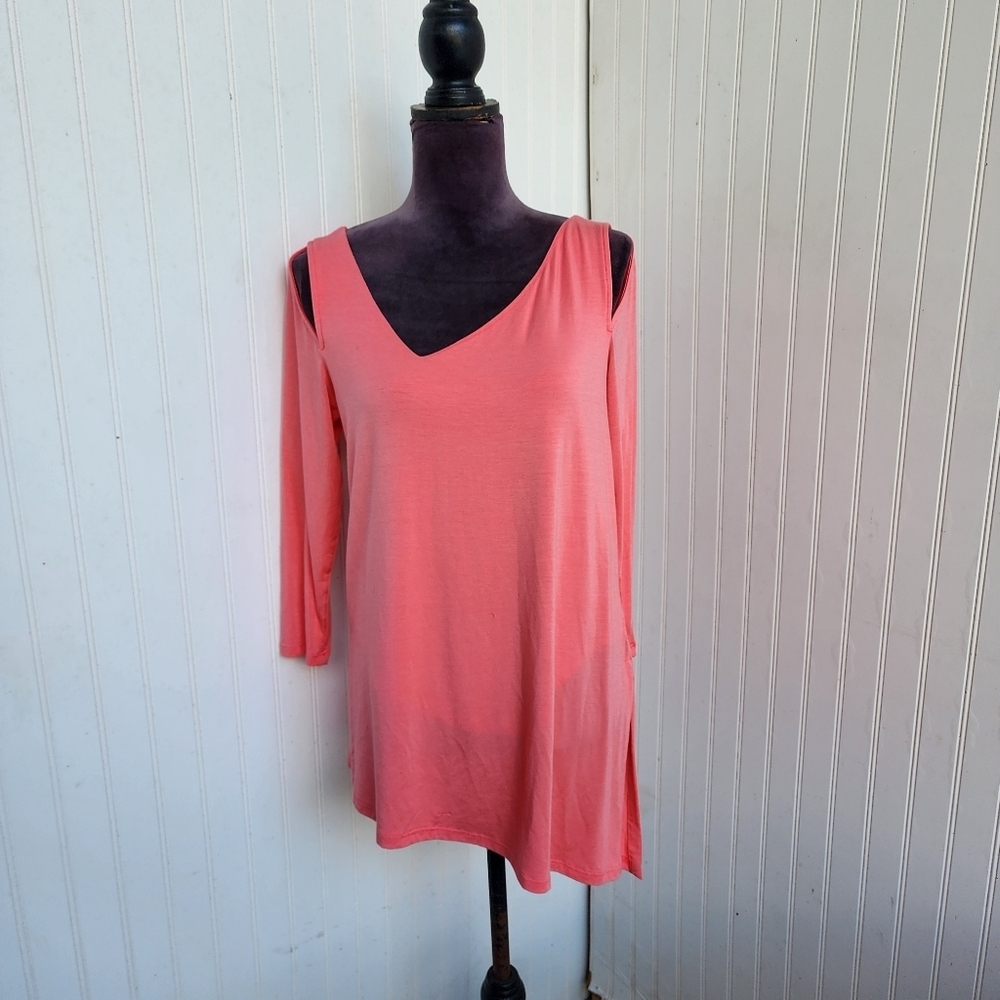 NWT Last Tango Pink Cold Shoulder Top Assymetric V-Neck Modal 3/4 Sleeve USA M